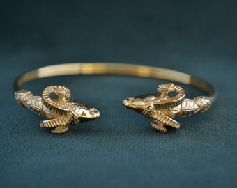 925 Silver Bracelet with Rams, 22K Gold-plated Animal Themed Bracelet, Bighorn Sheep, Greek Handmade Jewelry