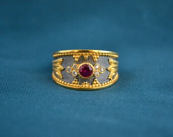 Stunning Byzantine Ring, 22K Gold-plated Ring with Ruby Cubic Zirconia, Sterling Silver Medieval Ring, Gold Etruscan Ring, Greek Jewelry