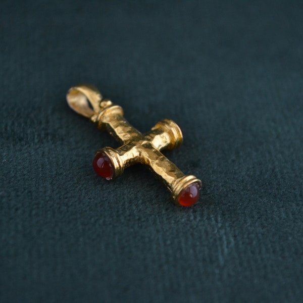 22K Gold-plated Etruscan Cross with Garnet, Sterling Silver Cross with Gemstone, Medieval Pendant, Greek Artisan Pendant