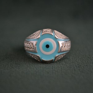 Evil Eye Signet Ring, 925 Silver Ring with Enamel, Byzantine Signet Ring, Roman Ring with Engraves, Lucky Charm Ring, Greek Handmade Ring
