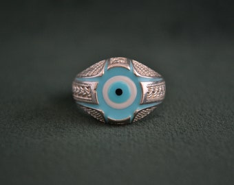 Evil Eye Signet Ring, 925 Silver Ring with Enamel, Byzantine Signet Ring, Roman Ring with Engraves, Lucky Charm Ring, Greek Handmade Ring