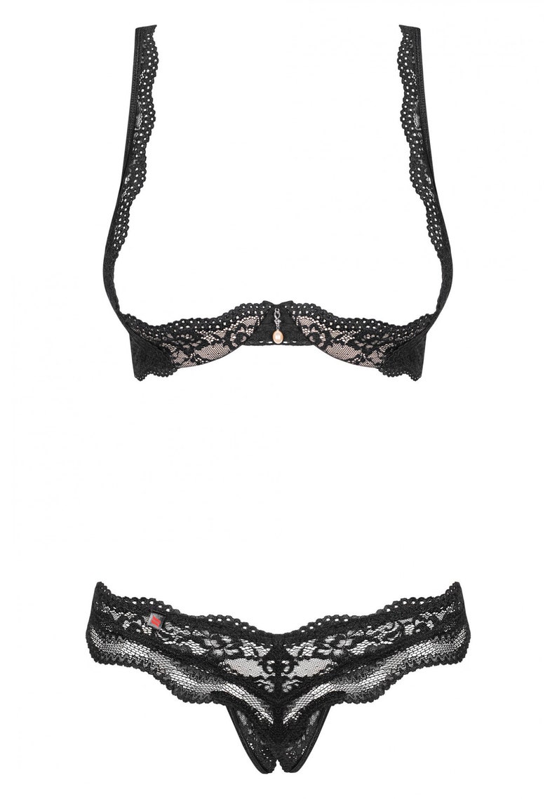 Luvae Black Lace Cupless Lingerie Set Open Bralette Open Crotch Panties Open Chest Sexy See
