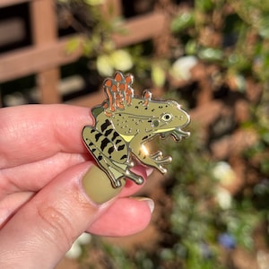 May include: A green frog enamel pin with black and yellow detailing, and a mushroom design on its head. The pin is held against a blurred background of greenery.