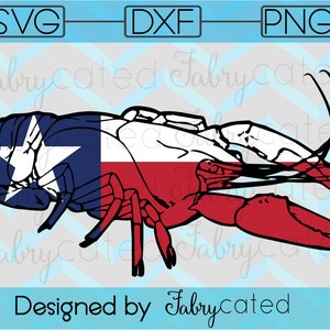 May include: A black and red crawfish silhouette with the Texas state flag design. The crawfish is facing right and has its claws raised. The flag is blue with a white star in the upper left corner and red and white stripes on the bottom.