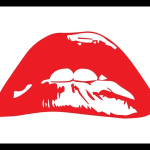 Puede incluir: Primer plano de una boca roja abierta con dientes blancos. La boca es un diseño gráfico, que recuerda a un famoso cartel de película.