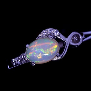 Natural Opal Ring, 925 Sterling Silver Ring, White Opal Halo Ring, Genuine Opal Jewelry, October Birthstone Ring, Engagement Ring for Gift
