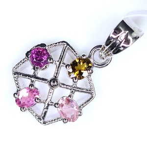 Multi Color Gem Necklace 925 Sterling Silver With Genuine Brandy Citrine Pendant Gift for Her Pink Tourmaline Pendant for Anniversary Gift