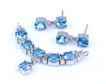Blue Topaz Sterling Silver Necklace and Earring Set • December Birthstone Gift for Her