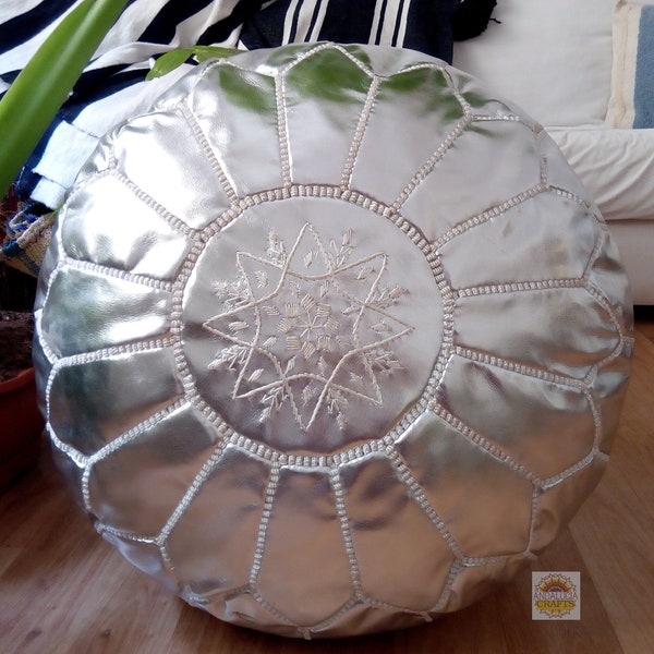 PouF d'argent marocain avec White Stitching - Pouf d'argent pouf marocain pouf non rembourré