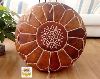 Moroccan oiled tan POUF    Ottoman pouf with White Stitching - Moroccan Leather Pouf Moroccan pouf unstuffed