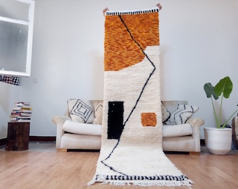 Custom Wool Runner carpet - Orange Design - Beni Ourain Style Rug - Berber Hand Woven Carpet from morocco - Wool - Berber Rug Morocco Runner