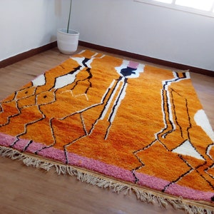 Modern Moroccan Beni Ourain Style - Orange Touch Rug  , Moroccan Rug Design ,Handmade rug - Moroccan shag rug Wool , Orange rug from morocco