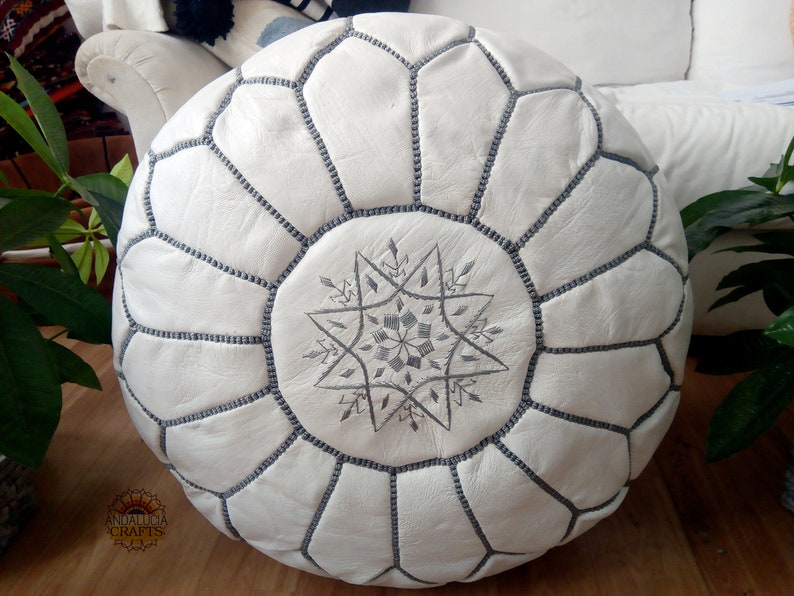 WHITE Moroccan POUF with grey Stitching Leather Pouf ottoman pouf morrocan pouf