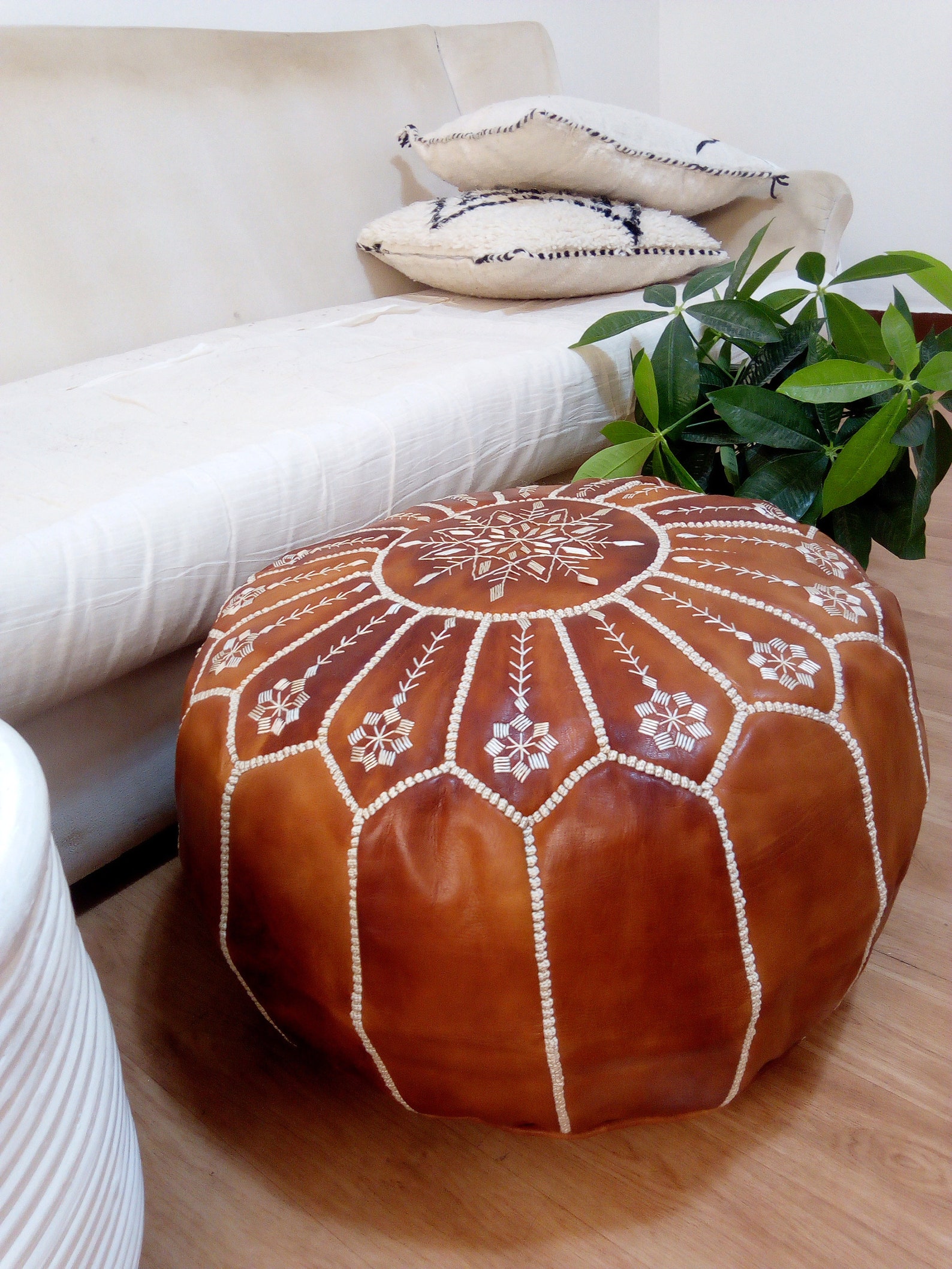 Tan Leather Pouf with Embroidered Design – Handcrafted Moroccan Ottoman — view 4