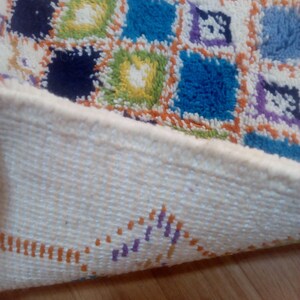 May include: A colorful, geometric patterned rug with a white fringe. The rug is made of a soft, fluffy material and has a variety of colors, including blue, green, yellow, orange, and purple.