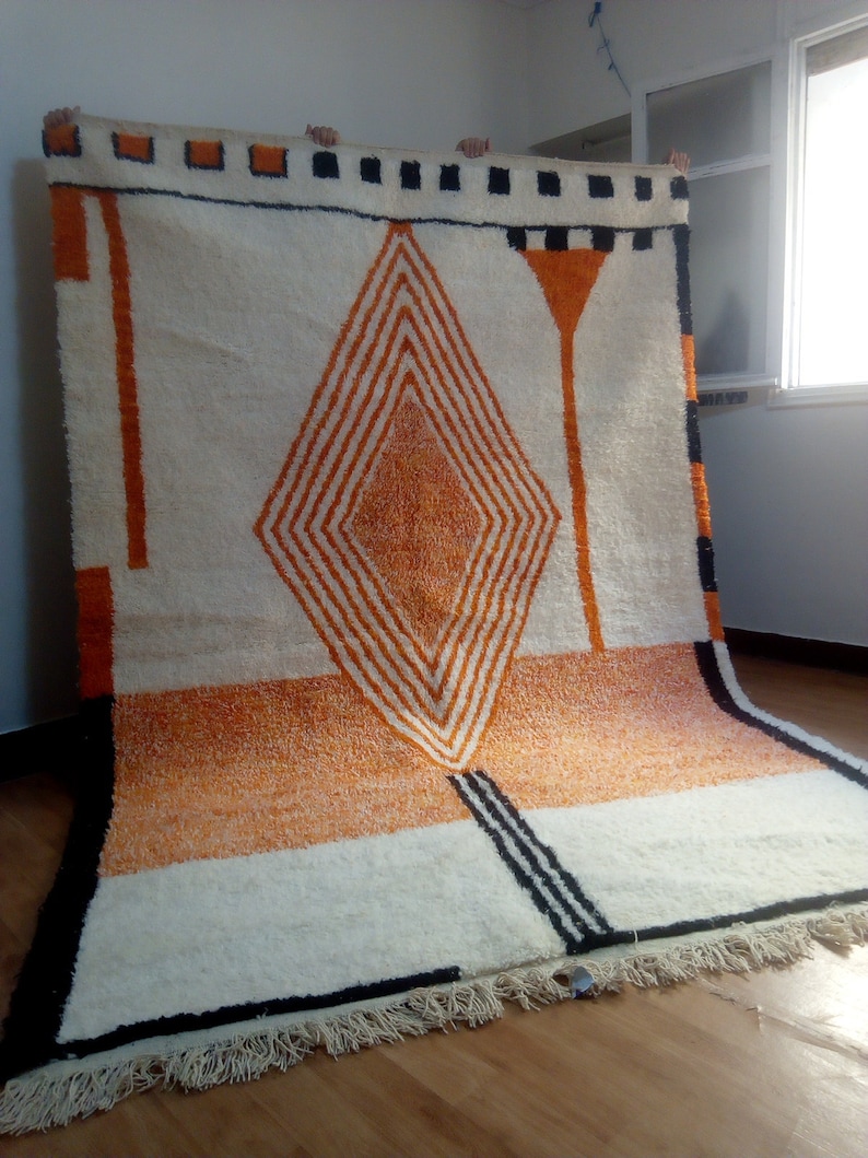 Moroccan Handmade rug ,Beni ourain style Morocco wool Berber Rug, modern rug, Hand woven rug, Azilal Berber style Orange Rug Morocco image 9