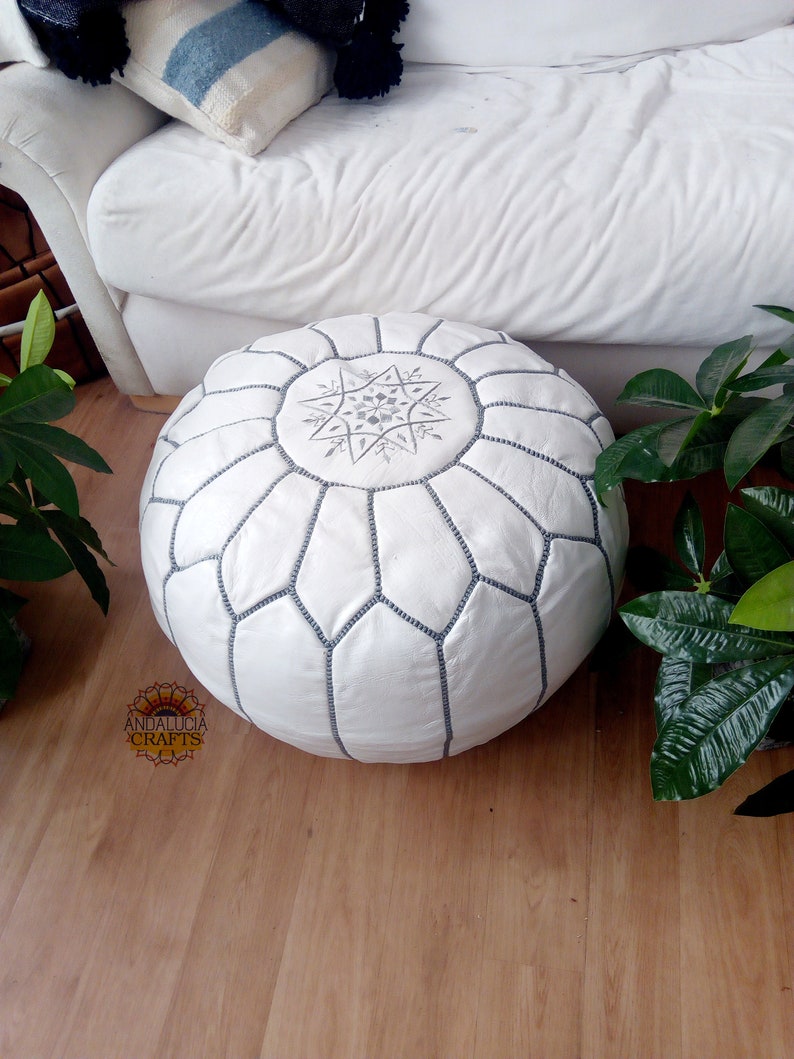 WHITE Moroccan POUF with grey Stitching Leather Pouf ottoman pouf morrocan pouf