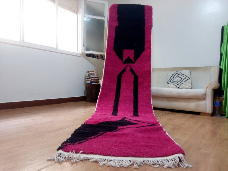 Wool Runner carpet 368/85 CM - Deep Pink Design - Beni Ourain Style - Berber Hand Woven Carpet - handmade Wool - Morocco Berber Rug image 1
