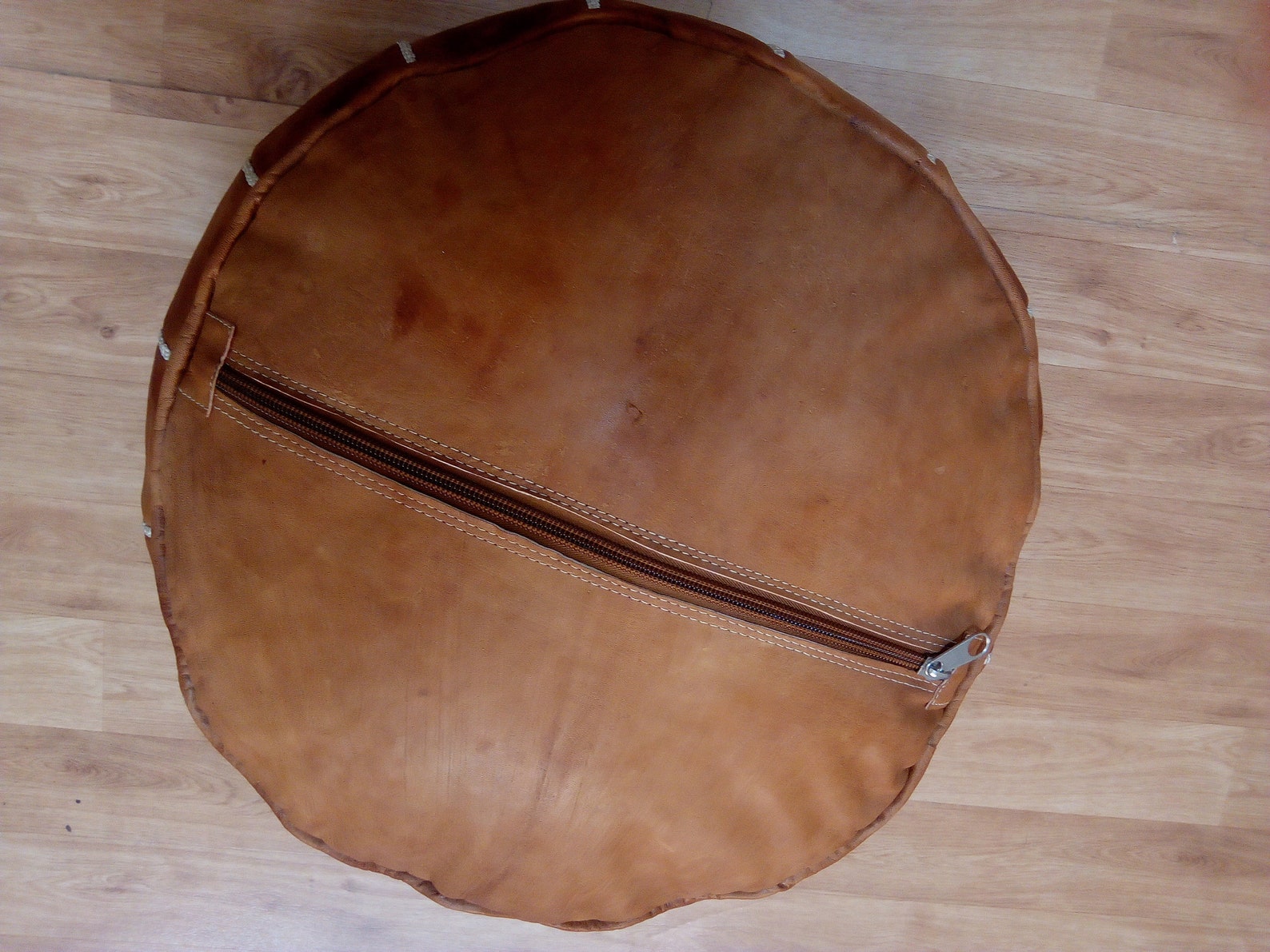 Tan Leather Pouf with Embroidered Design – Handcrafted Moroccan Ottoman — view 6