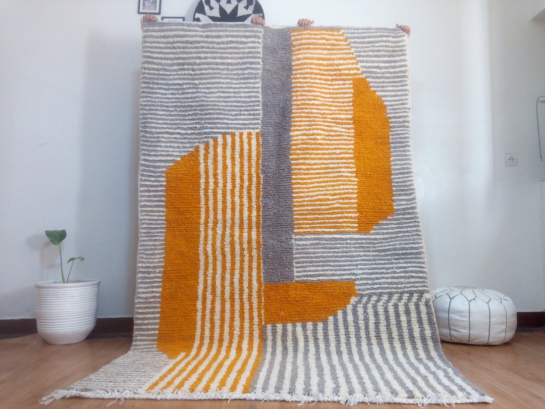 Tapis Berbère Marocain Beni Ourain 5.2x8 Ft Fait Main Laine - Motif Géométrique Bohème