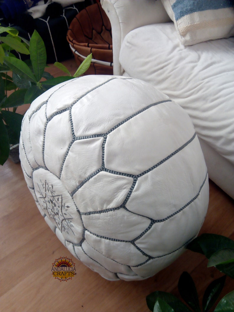 WHITE Moroccan POUF with grey Stitching Leather Pouf ottoman pouf morrocan pouf