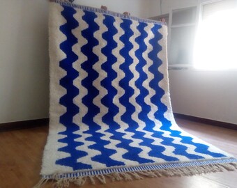 Beni Ourain Woven 10.2x6.5 ft approx, Wool rug ,Faded Design Blue Line , Diamonds pattern ,Berber Carpet , Handmade rug , Handwoven Morocco