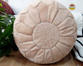Moroccan POUF  light beige with White Stitching Leather Pouf ottoman pouf morrocan natural pouf