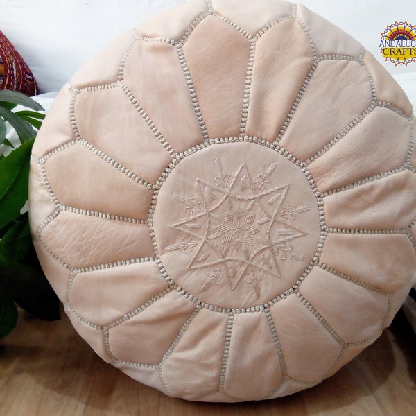 Moroccan POUF  light beige with White Stitching Leather Pouf ottoman pouf morrocan natural pouf