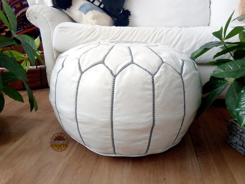WHITE Moroccan POUF with grey Stitching Leather Pouf ottoman pouf morrocan pouf
