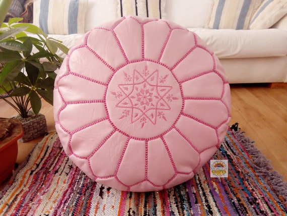 Leather Pouf Pink Ottoman Pouf With Stitching - Moroccan Leather Pouf - Moroccan Pouf Unstuffed
