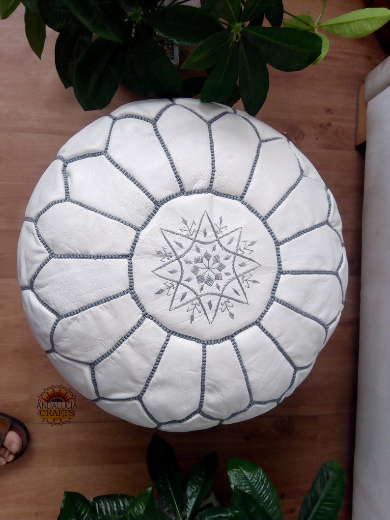 WHITE Moroccan POUF with grey Stitching Leather Pouf ottoman pouf morrocan pouf