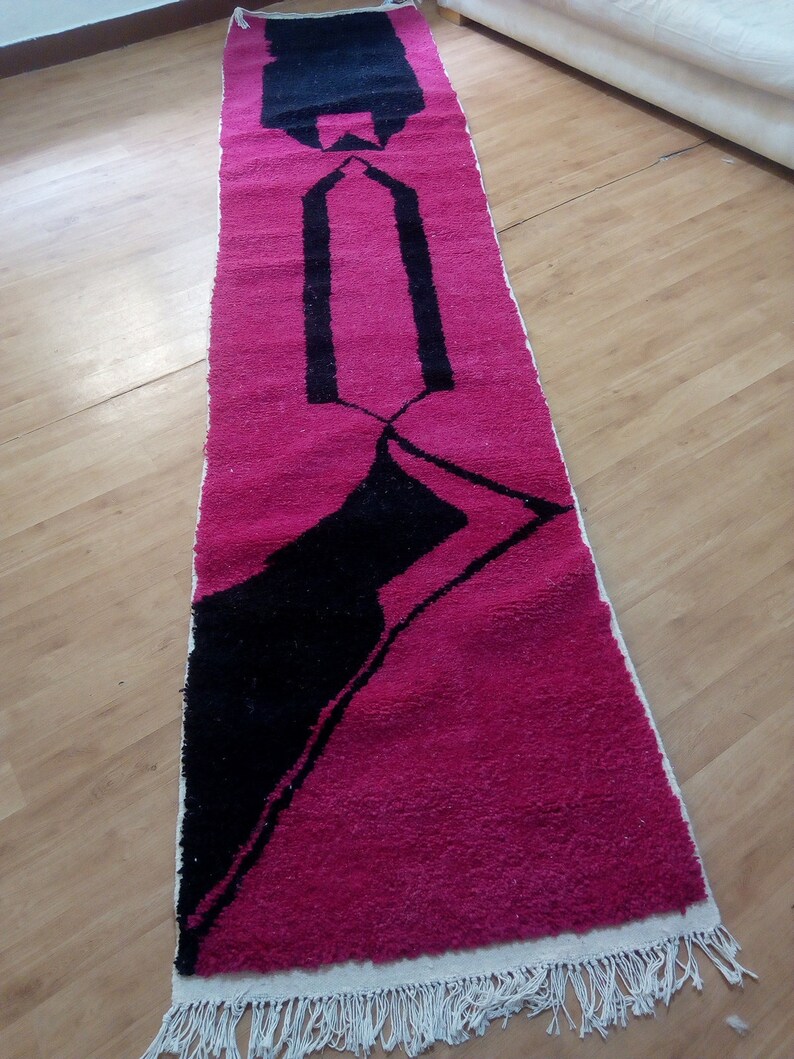 Wool Runner carpet 368/85 CM - Deep Pink Design - Beni Ourain Style - Berber Hand Woven Carpet - handmade Wool - Morocco Berber Rug image 2