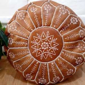 Moroccan Tan Leather  pouf with embroidered design, Ottoman ,Footstool Leather Round Poufs Pouffe Pouffes puff -  unstuffed Poof - Marrakesh