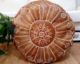 Puf de cuero bronceado marroquí con diseño bordado, otomano, footsher cuero redondo pufs Pouffe pouffes puff - Poof sin acolchado - Marrakech