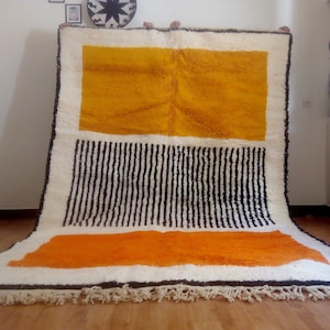 Moroccan Handmade rug ,Beni ourain woven Morocco wool Berber Rug, modern rug, Hand woven rug, kids  rug - Deep Yellow & Orange Rug