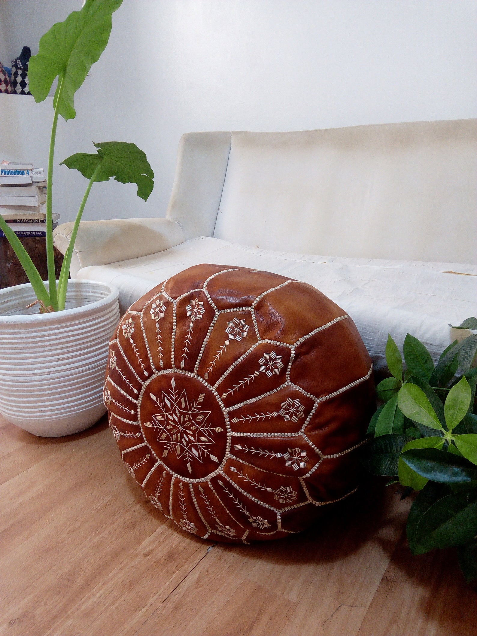 Tan Leather Pouf with Embroidered Design – Handcrafted Moroccan Ottoman — view 5