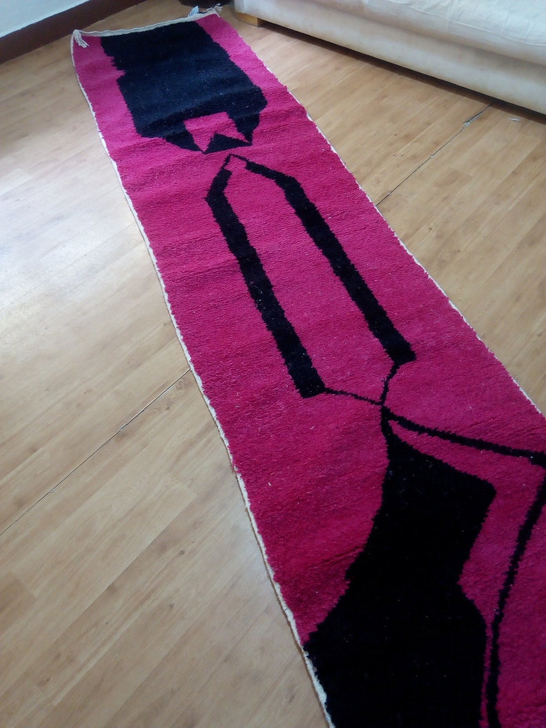 Wool Runner carpet 368/85 CM - Deep Pink Design - Beni Ourain Style - Berber Hand Woven Carpet - handmade Wool - Morocco Berber Rug image 3