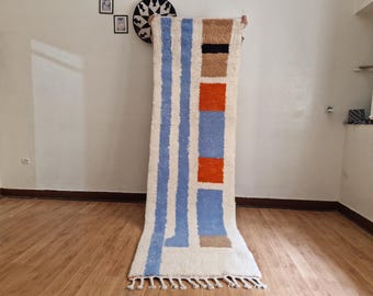 Dywan Custom Runner - jasnoniebieski wzór - ręcznie tkany dywan marokański - ręcznie tkany dywan z Maroka - wełniany dywan marokański