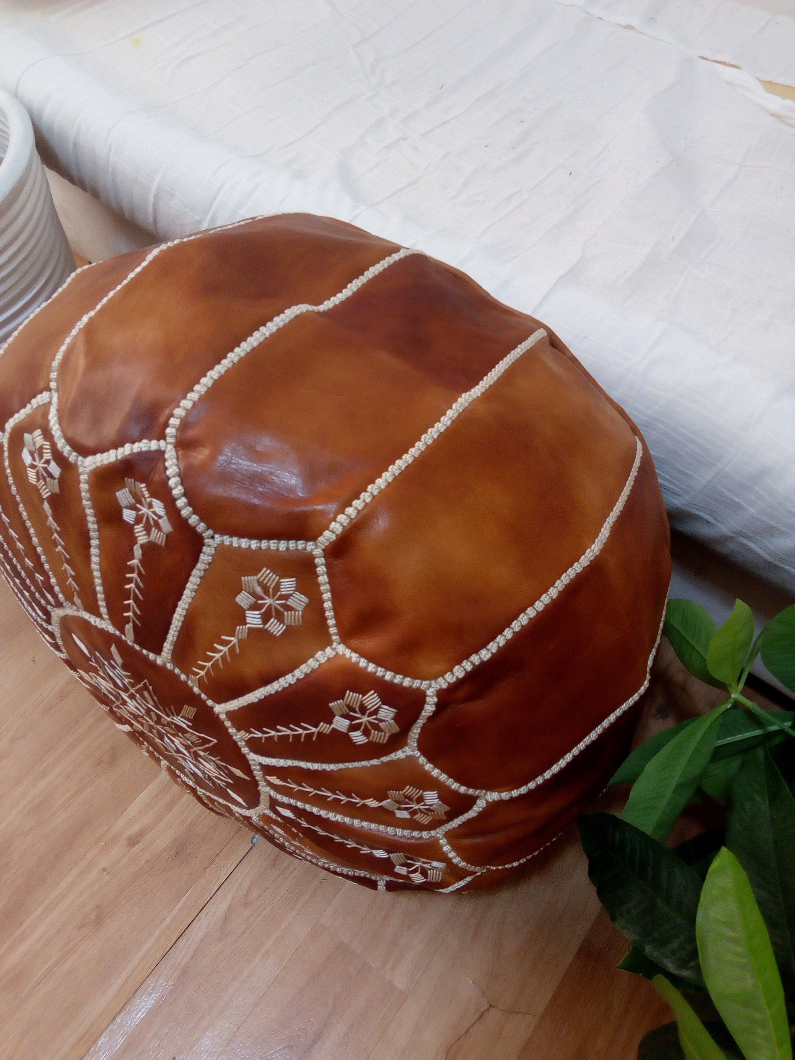 Tan Leather Pouf with Embroidered Design – Handcrafted Moroccan Ottoman — view 2