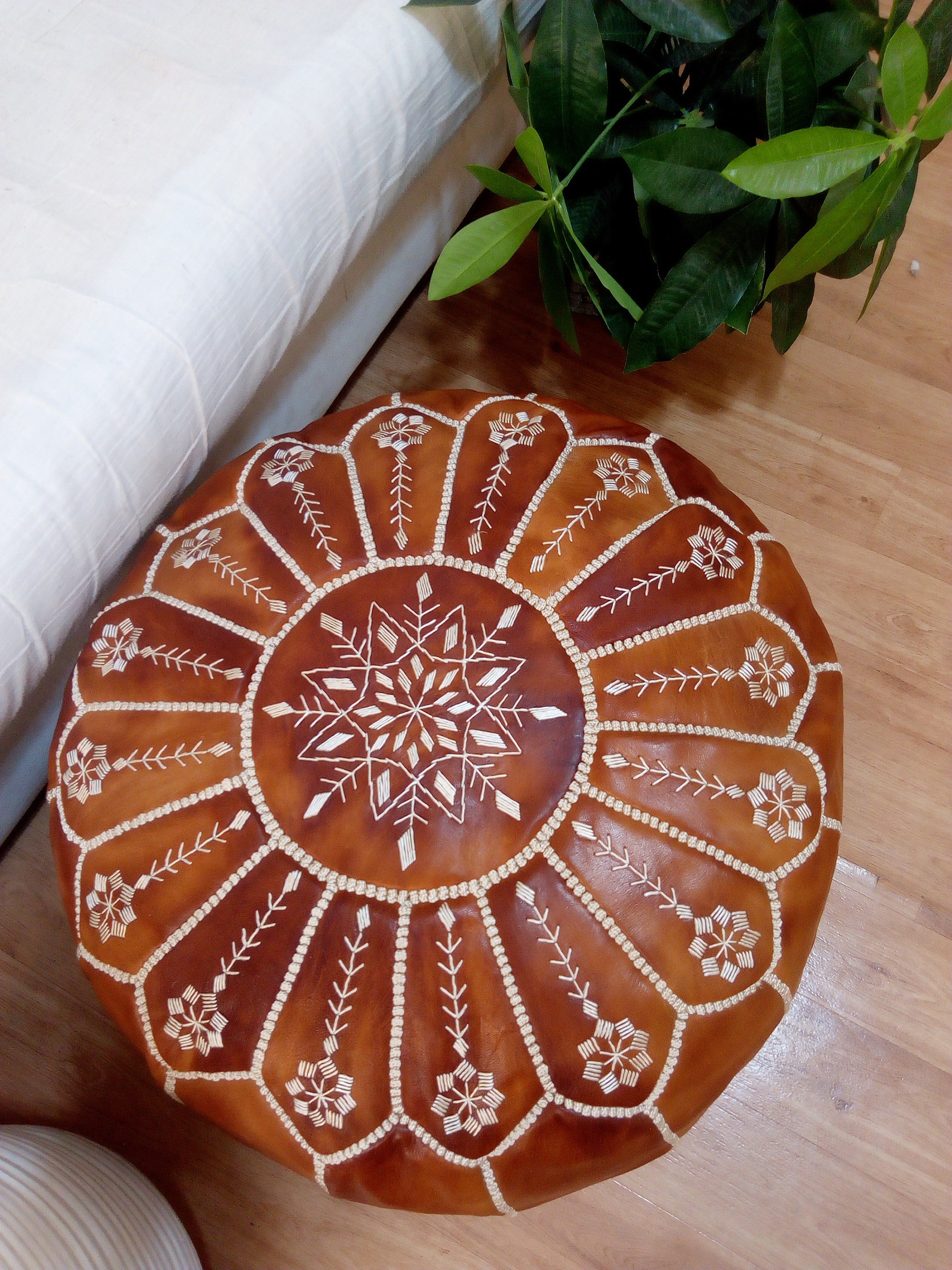 Tan Leather Pouf with Embroidered Design – Handcrafted Moroccan Ottoman — view 3