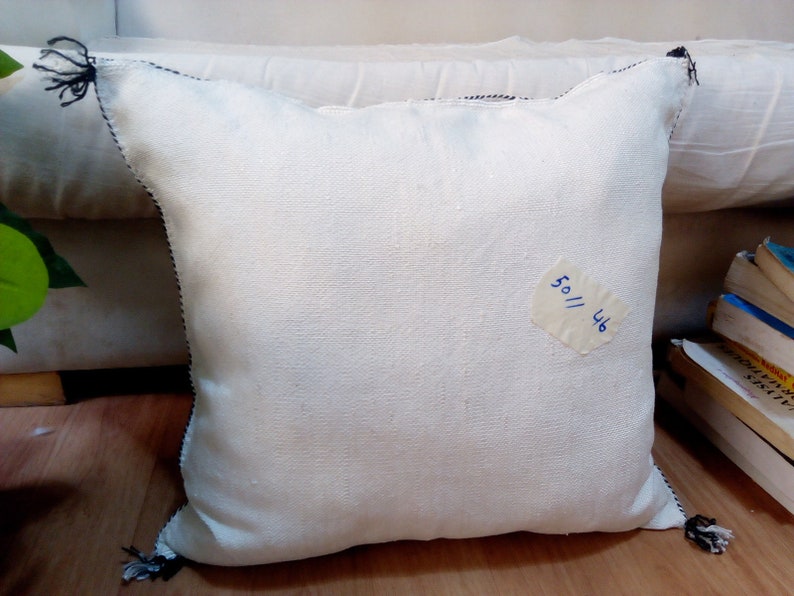 May include: White pillow with black trim and tassels. The pillow has a white label with the text "46 50||" on it.