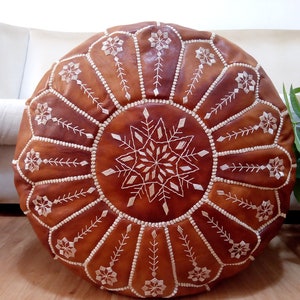 Moroccan OiledTan Leather  pouf with embroidered design, Ottoman ,Footstool Leather Round Poufs Pouffe Pouffes puff -  unstuffed Poof