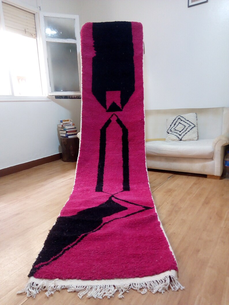 Wool Runner carpet 368/85 CM - Deep Pink Design - Beni Ourain Style - Berber Hand Woven Carpet - handmade Wool - Morocco Berber Rug image 7