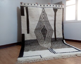 Moroccan Handmade rug 300/195CM  ,Beni ourain style Morocco wool Berber Rug, modern rug, Hand woven rug, Azilal Berber style - Deep Color