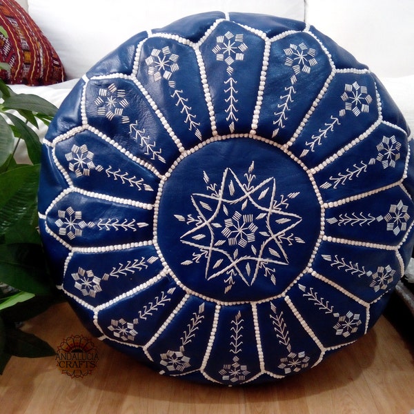 Pouf en cuir foncé bleu marocain au design brodé, ottoman, cuir de footstool Rond Poufs Pouffe Pouffes - Poof non rembourré