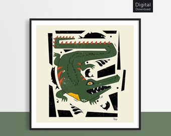 Downloadable art, Crocodile illustration print, Printable Wall Art, Instant Digital Download, Gift, animal illustration