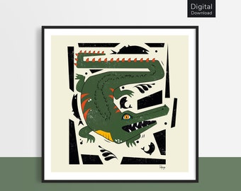 Lámina con ilustración de cocodrilo, arte animal peculiar (descarga digital)