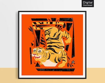 Quirky Tiger Illustration Print, Jungle Animal Art (Digital Download)
