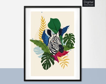 Zebra illustration, Animal print, Downloadable art, Illustration print, Printable Wall Art, Digital Download, Gift