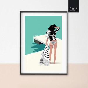 Schwimmen Pier Illustration, Sommer Wand Kunst (Digitaler Download)